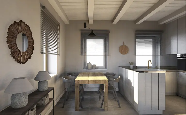 Wnętrze kuchni w stylu eklektycznym z drewnianym stołem, szarymi meblami i rustykalnymi dodatkami.