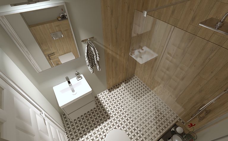 Współczesna łazienka z białą umywalką, drewnianymi ścianami i nowoczesnym prysznicem.