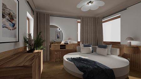 Eklektyczne wnętrze z rustykalnymi akcentami, łóżko okrągłe, drewniane meble, styl japandi.