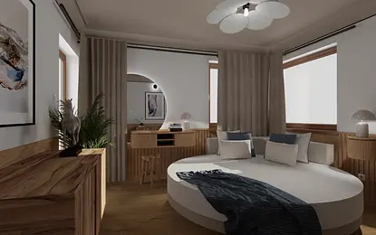 Eklektyczne wnętrze z rustykalnymi akcentami, łóżko okrągłe, drewniane meble, styl japandi.
