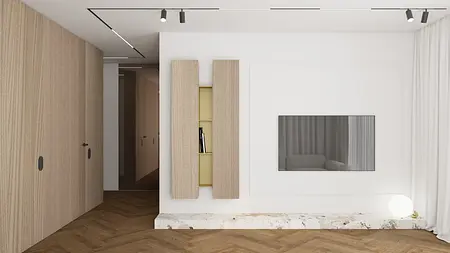 Wnętrze salonu w stylu eklektycznym, japandi, soft minimalizm z drewnianymi akcentami.