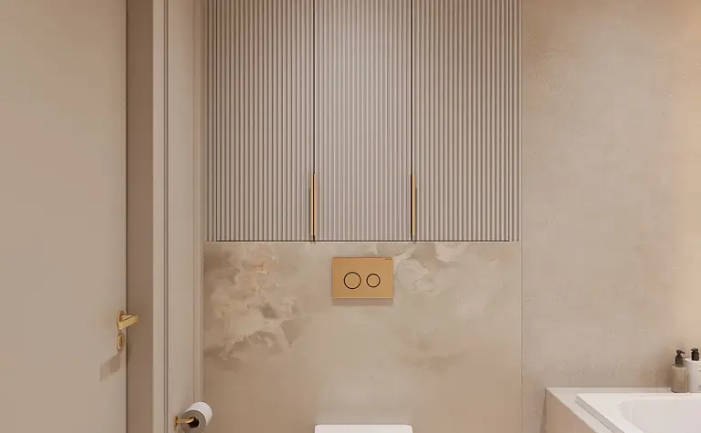 Nowoczesna łazienka z minimalistycznym wyposażeniem, soft minimalizm i quiet luxury.