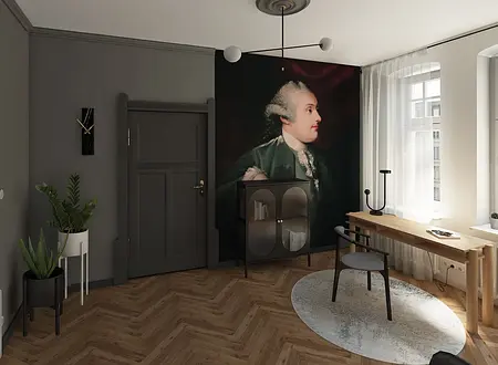 Wnętrze z biurkiem, zieloną ścianą i roślinami, styl dopamine decor.