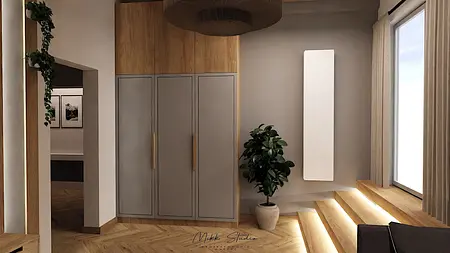 Wnętrze z szafą szaro-drewnianą, rośliną i oświetleniem, styl boho, nowoczesny.