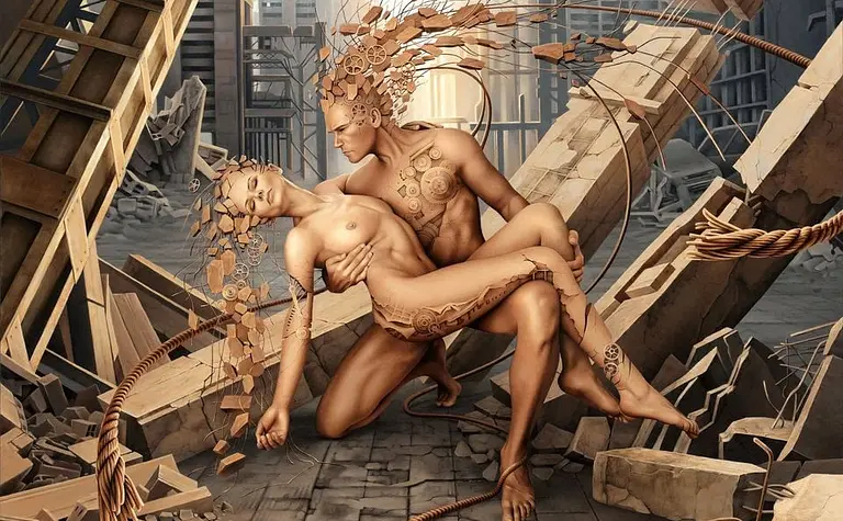 Postacie w ruinach, styl industrialny, art deco, glamour, vintage, nowoczesny.
