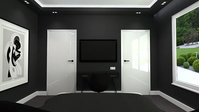 Wnętrze sypialni z minimalistycznym designem, nowoczesnymi meblami i elementami quiet luxury.