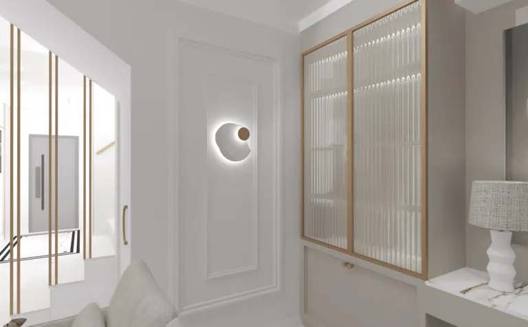Wnętrze minimalistyczne z oświetleniem art deco i glamour, szklane meble, jasne ściany.