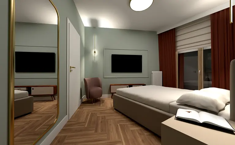 Wnętrze sypialni z eklektycznym stylem, beżowe łóżko, szafki i przytulne detale.