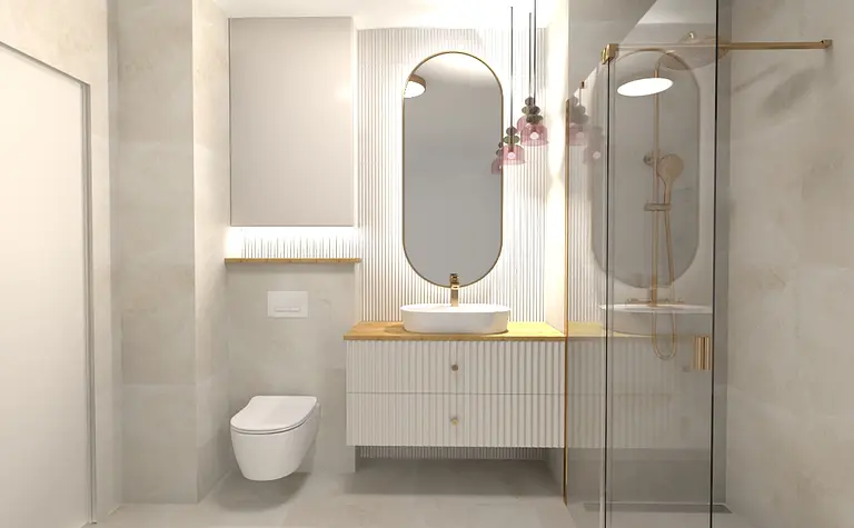 Współczesna łazienka z białymi meblami i złotymi detalami