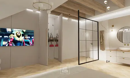 Wnętrze sypialni z szafą, lustrem i kabiną prysznicową w stylu glamour.