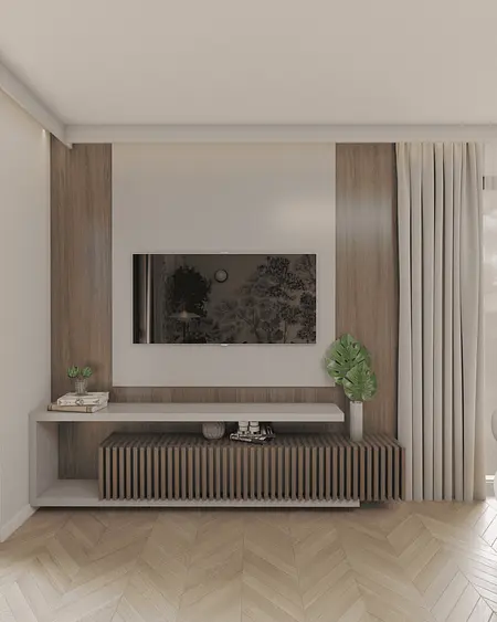 Salon w stylu eklektycznym, minimalistycznym, skandynawskim, współczesnym z roślinami.