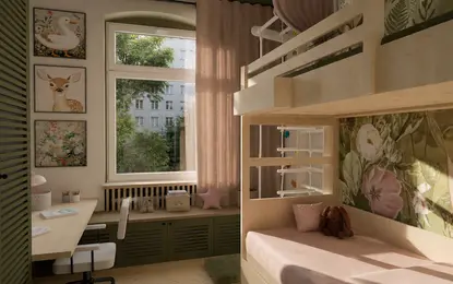 Pokój dziecięcy w stylu boho, eklektycznym i rustykalnym z drewnianymi elementami