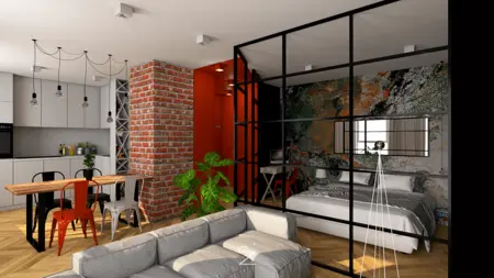 Wnętrze z kuchnią, sypialnią i industrialnymi akcentami, minimalistyczne meble.