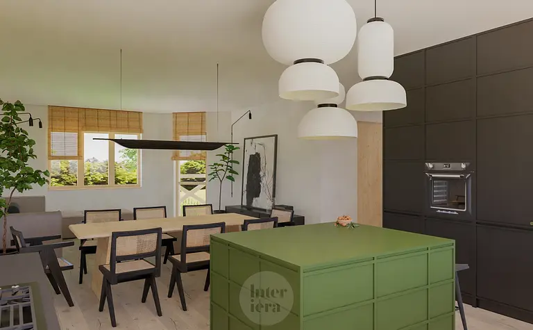 Wnętrze kuchni w stylu japandi i minimalistycznym z zieloną wyspą i drewnianym stołem.