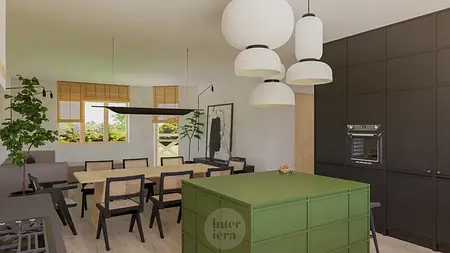 Wnętrze kuchni w stylu japandi i minimalistycznym z zieloną wyspą i drewnianym stołem.