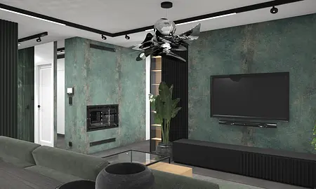 Nowoczesne wnętrze salonu z zielonymi ścianami, czarnym telewizorem i rośliną.