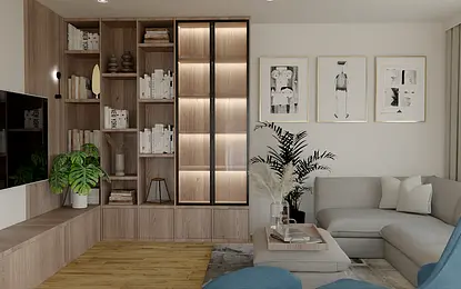 Wnętrze salonu z nowoczesnym wystrojem, drewniane meble, jasna sofa.