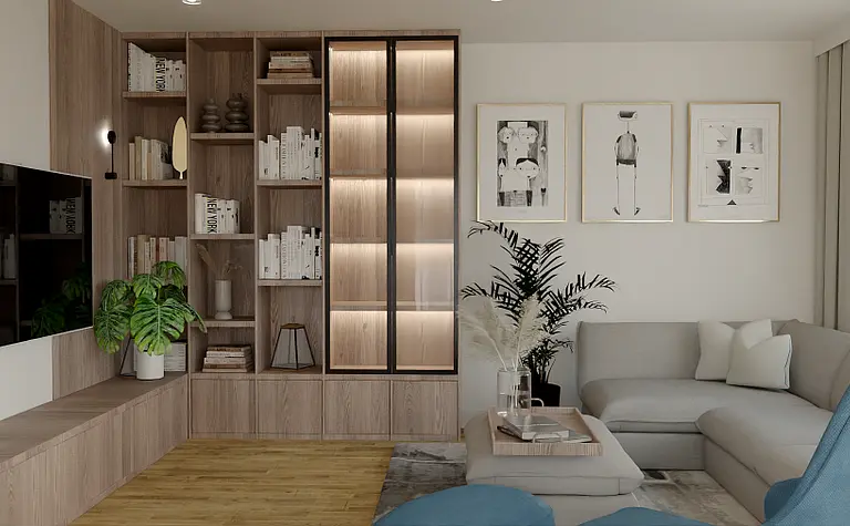 Wnętrze salonu z nowoczesnym wystrojem, drewniane meble, jasna sofa.
