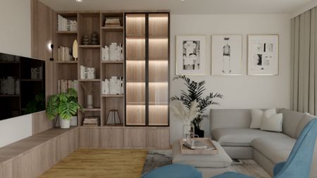 Wnętrze salonu z nowoczesnym wystrojem, drewniane meble, jasna sofa.