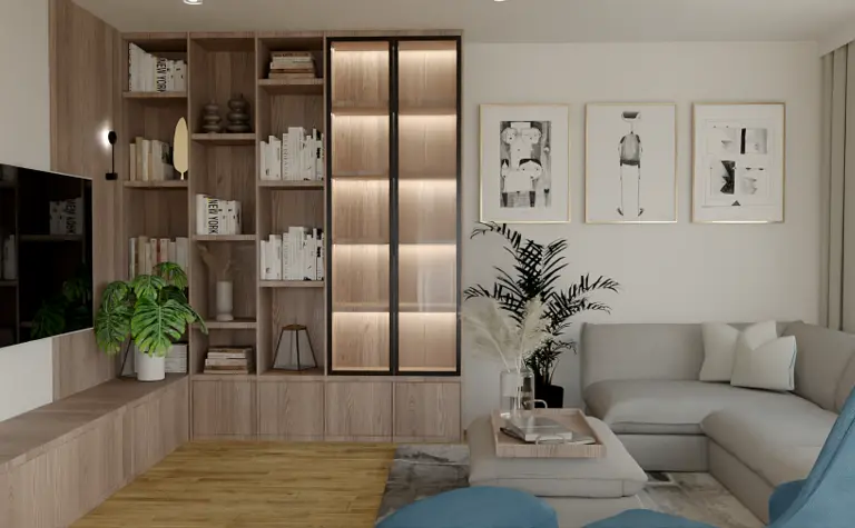 Wnętrze salonu z nowoczesnym wystrojem, drewniane meble, jasna sofa.