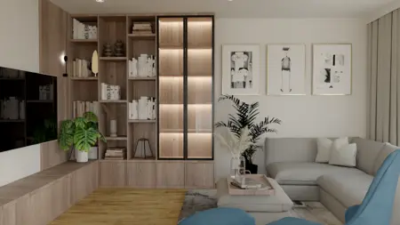 Wnętrze salonu z nowoczesnym wystrojem, drewniane meble, jasna sofa.