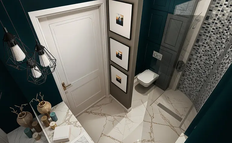 Wnętrze łazienki w stylu art deco z nowoczesnymi elementami.