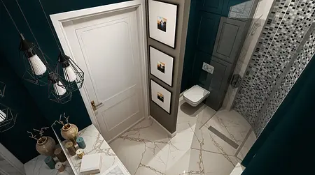 Wnętrze łazienki w stylu art deco z nowoczesnymi elementami.