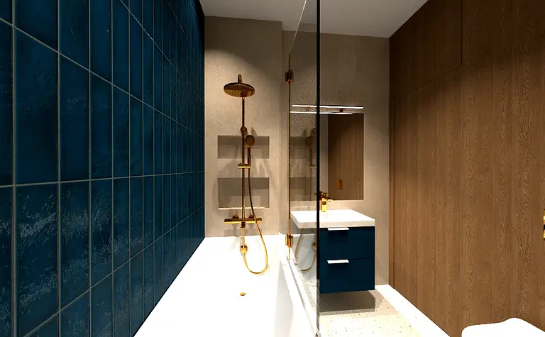 Współczesna łazienka z niebieskimi płytkami, drewnianymi ścianami i nowoczesną armaturą.