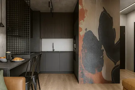 Kuchnia w stylu industrialnym z szarymi meblami i brązowymi akcentami.