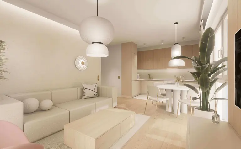Wnętrze salonu w stylu japandi, minimalistycznym, nowoczesnym, quiet luxury.