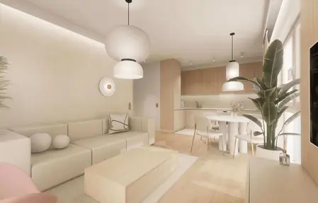 Wnętrze salonu w stylu japandi, minimalistycznym, nowoczesnym, quiet luxury.