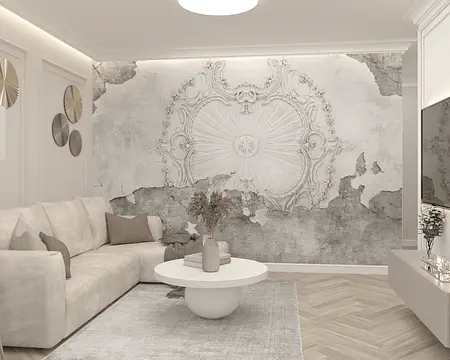 Wnętrze salonu z jasnym wypoczynkiem, ozdobną ścianą, styl nowoczesny, quiet luxury.