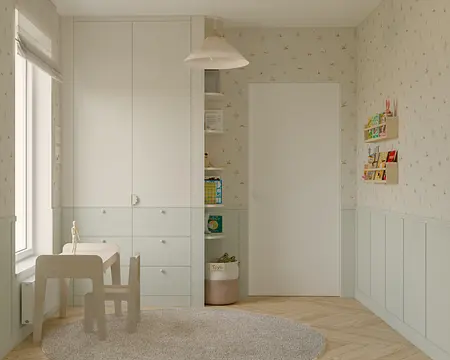 Pokój dziecięcy w stylu eklektycznym z minimalizmem, z jasnymi meblami i dekoracjami.