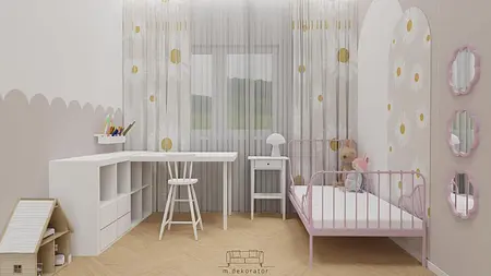 Pokój dziecięcy w stylu japandi, minimalistycznym, skandynawskim, współczesnym z różowym łóżkiem.