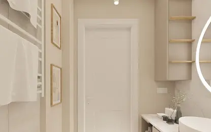 Nowoczesna łazienka w stylu minimalistycznym z białą umywalką i drewnianymi półkami.