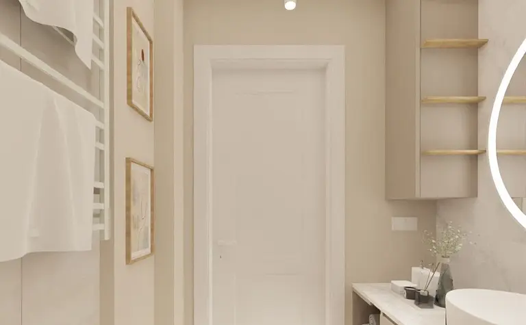 Nowoczesna łazienka w stylu minimalistycznym z białą umywalką i drewnianymi półkami.