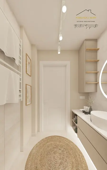 Nowoczesna łazienka w stylu minimalistycznym z białą umywalką i drewnianymi półkami.