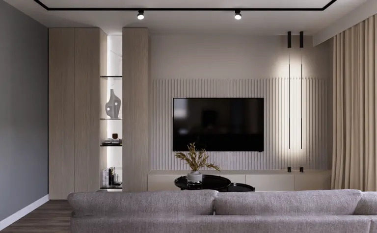 Salon w stylu minimalistycznym z szarymi meblami, drewnianymi detalami i nowoczesnym oświetleniem.