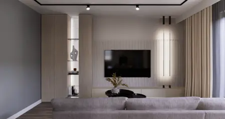 Salon w stylu minimalistycznym z szarymi meblami, drewnianymi detalami i nowoczesnym oświetleniem.