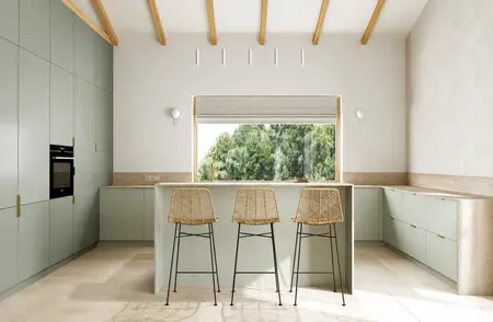 Nowoczesna kuchnia w soft minimalizmie z zielonymi meblami i drewnianymi detalami.