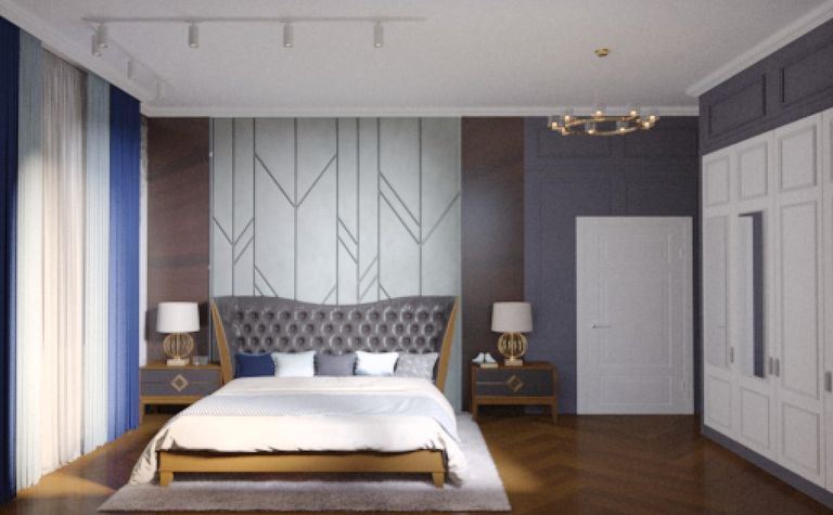 Wnętrze sypialni z szarymi ścianami, brązowym łóżkiem i zasłonami w kolorze niebieskim, quiet luxury.