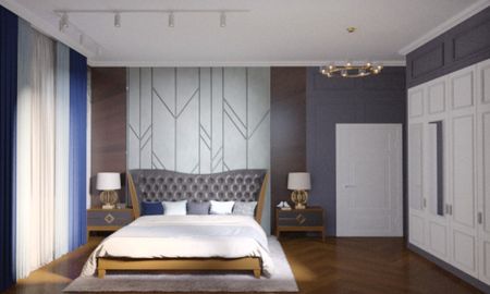 Wnętrze sypialni z szarymi ścianami, brązowym łóżkiem i zasłonami w kolorze niebieskim, quiet luxury.