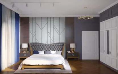 Wnętrze sypialni z szarymi ścianami, brązowym łóżkiem i zasłonami w kolorze niebieskim, quiet luxury.