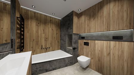 Wnętrze łazienki z drewnianymi ścianami, nowoczesną wanną i minimalistycznym stylem.