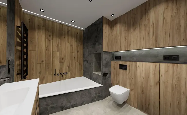 Wnętrze łazienki z drewnianymi ścianami, nowoczesną wanną i minimalistycznym stylem.