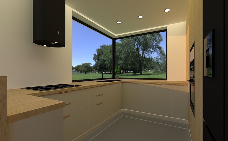 Kuchnia w stylu japandi z drewnianymi elementami i dużym oknem