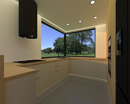 Kuchnia w stylu japandi z drewnianymi elementami i dużym oknem