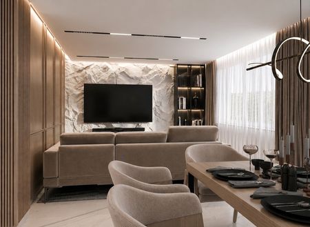 Wnętrze salonu w stylu japandi z beżową sofą i drewnianymi detalami.