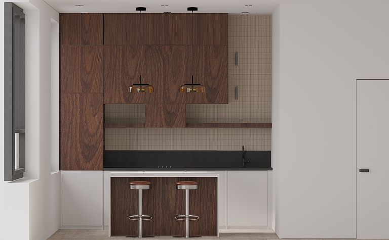 Wnętrze kuchni z drewnianymi meblami, czarnym blatem i nowoczesnym oświetleniem.