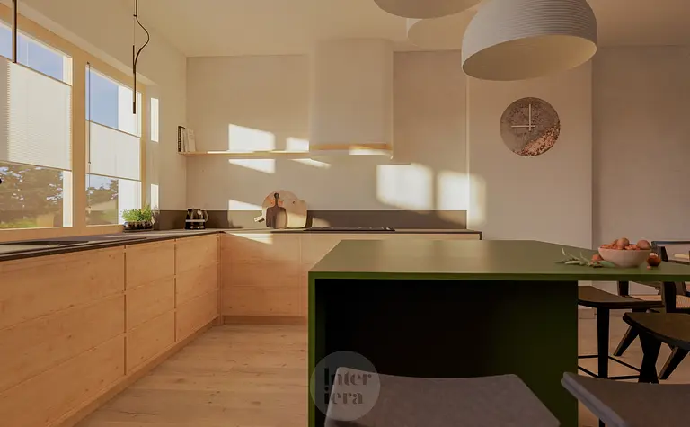 Kuchnia w stylu japandi i minimalistycznym z drewnianymi meblami i zielonym blatem.